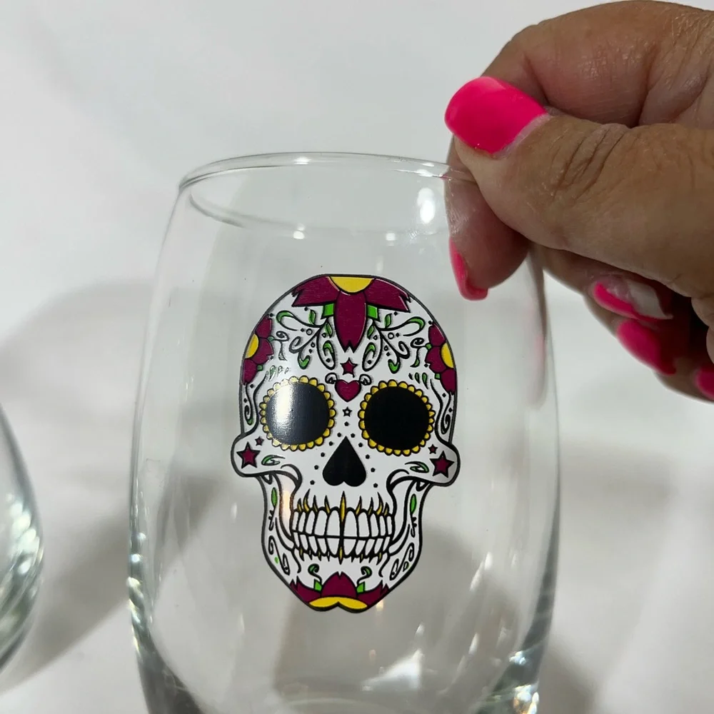 SUGAR SKULL DAY OF THE DAY HALLOWEEN 5” STEMLESS WINE‎ GLASSES SET 2 BLUE/WHITE